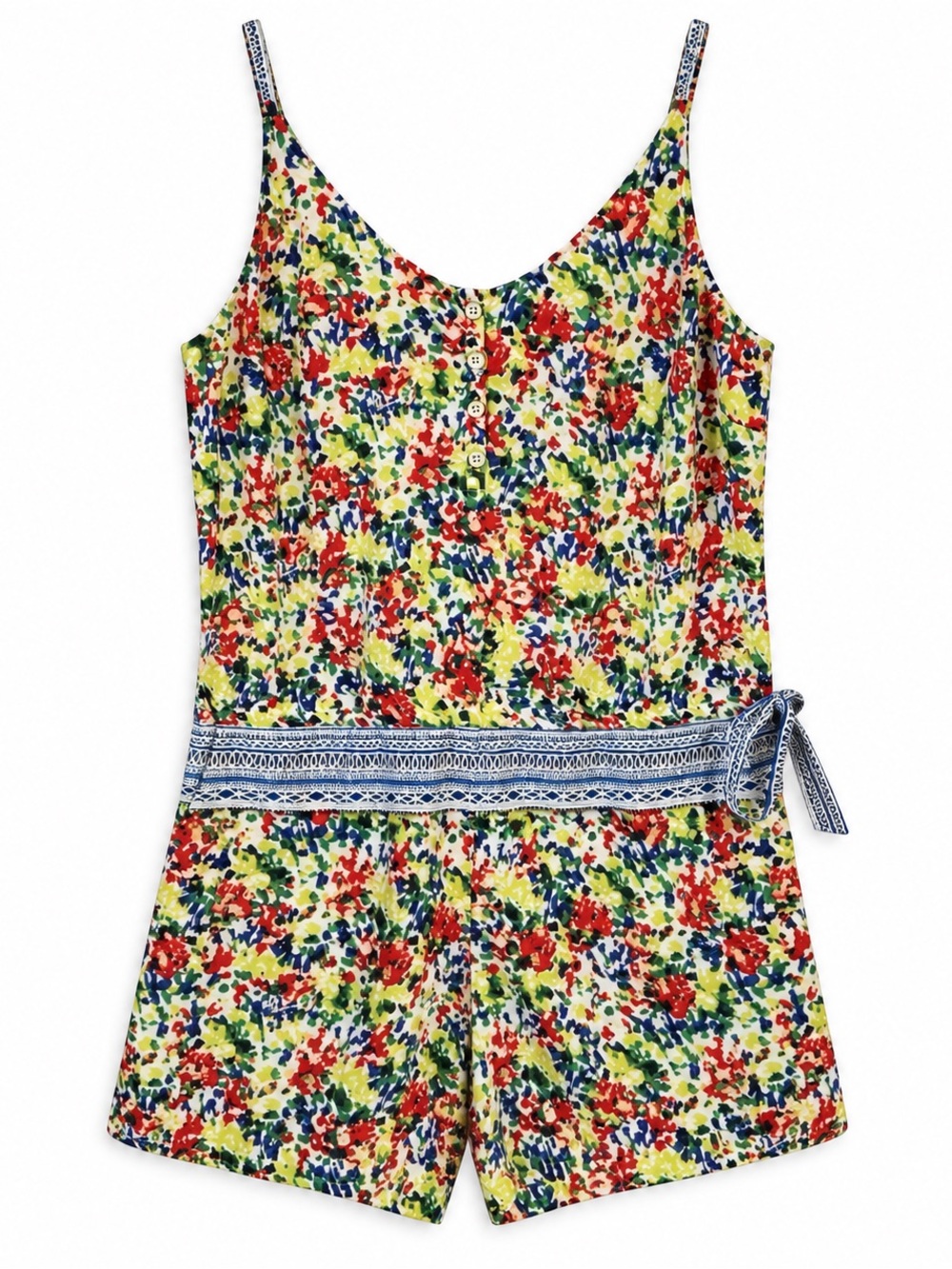 Cabi Multicolor fiesta Floral Romper M Bright Ditsy Boho Beach pockets vacay